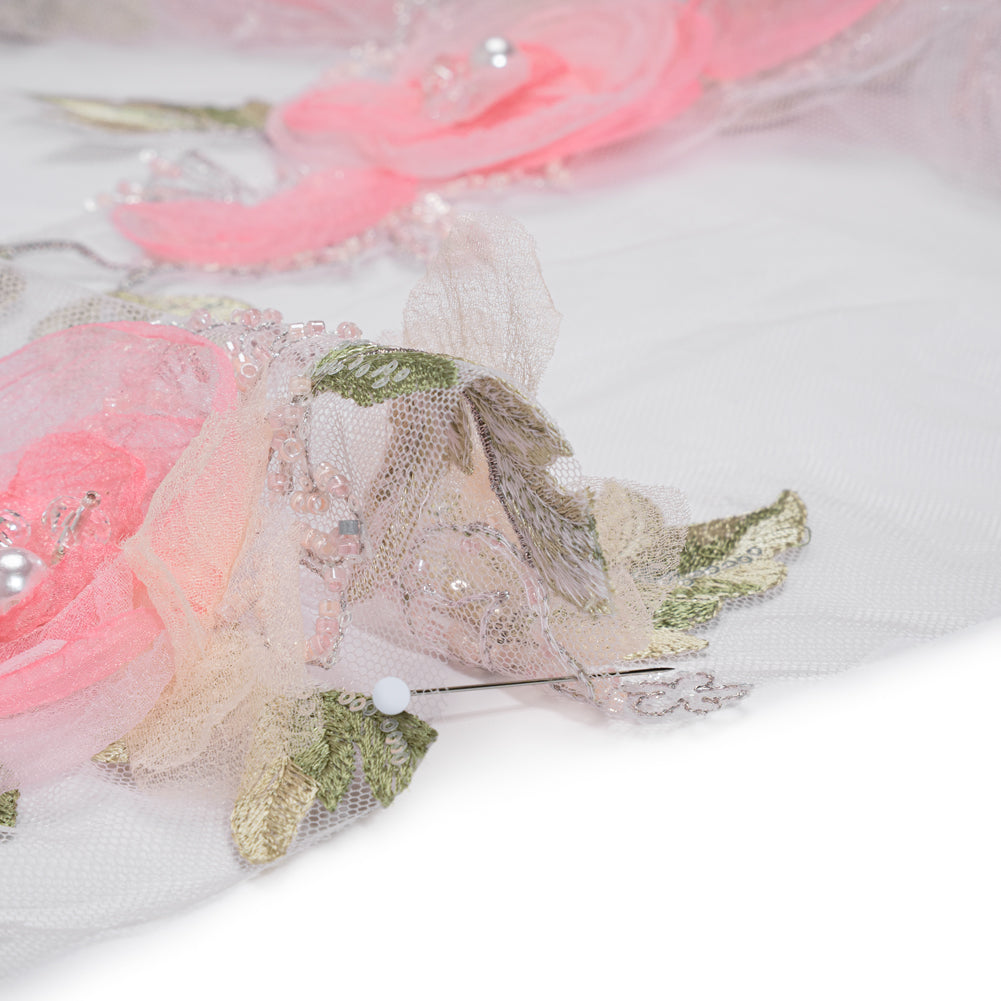 Embroidered and Beaded Tulle with 3D Fabric and Ribbon Flowers - Pink, Silver and Green Floral