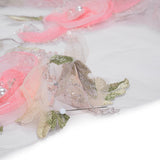 Embroidered and Beaded Tulle with 3D Fabric and Ribbon Flowers - Pink, Silver and Green Floral