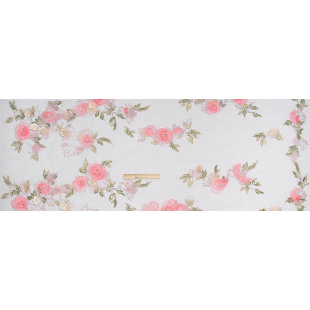 Embroidered and Beaded Tulle with 3D Fabric and Ribbon Flowers - Pink, Silver and Green Floral