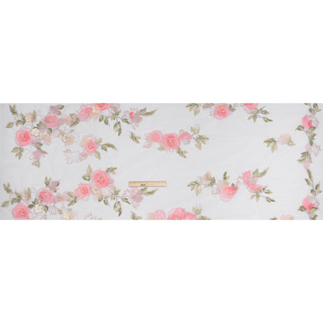 Embroidered and Beaded Tulle with 3D Fabric and Ribbon Flowers - Pink, Silver and Green Floral