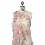 Embroidered and Beaded Tulle with 3D Fabric and Ribbon Flowers - Pink, Silver and Green Floral