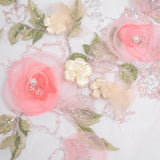 Embroidered and Beaded Tulle with 3D Fabric and Ribbon Flowers - Pink, Silver and Green Floral