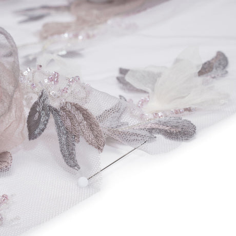 Embroidered and Beaded Tulle with 3D Fabric and Ribbon Flowers - Lilac, Gray and Silver Floral