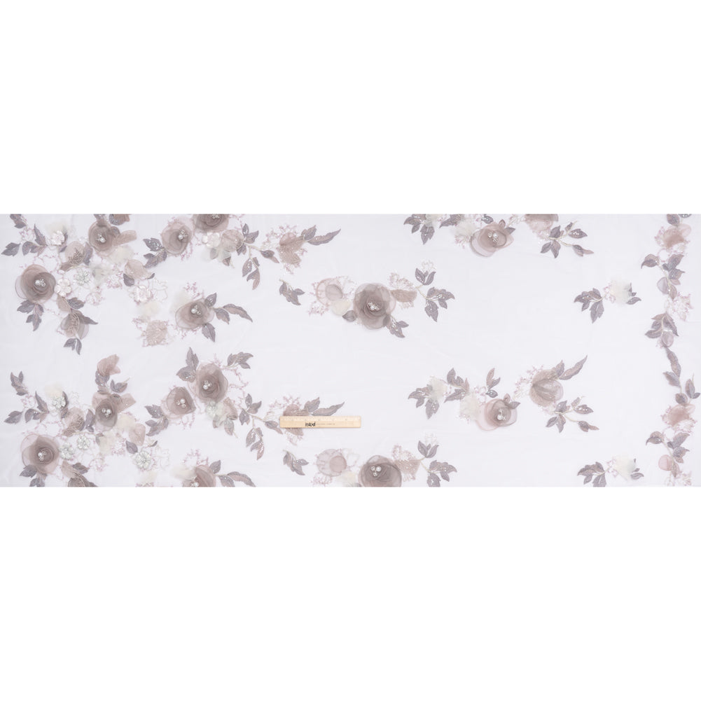 Embroidered and Beaded Tulle with 3D Fabric and Ribbon Flowers - Lilac, Gray and Silver Floral