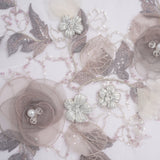 Embroidered and Beaded Tulle with 3D Fabric and Ribbon Flowers - Lilac, Gray and Silver Floral