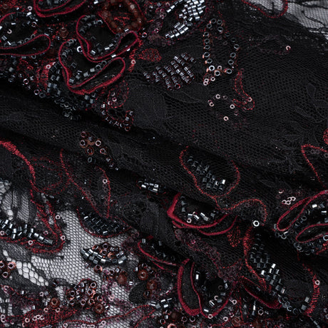 Embroidered and Beaded Chantilly Lace with 3D Fabric Flowers - Black and Dark Red Floral