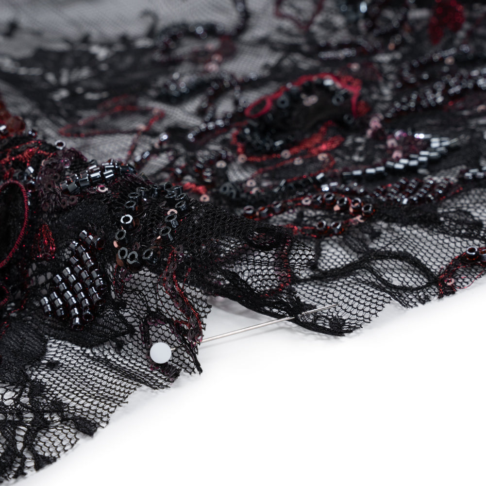 Embroidered and Beaded Chantilly Lace with 3D Fabric Flowers - Black and Dark Red Floral