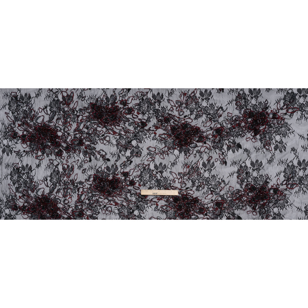 Embroidered and Beaded Chantilly Lace with 3D Fabric Flowers - Black and Dark Red Floral