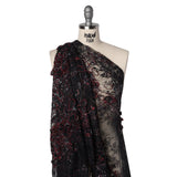 Embroidered and Beaded Chantilly Lace with 3D Fabric Flowers - Black and Dark Red Floral