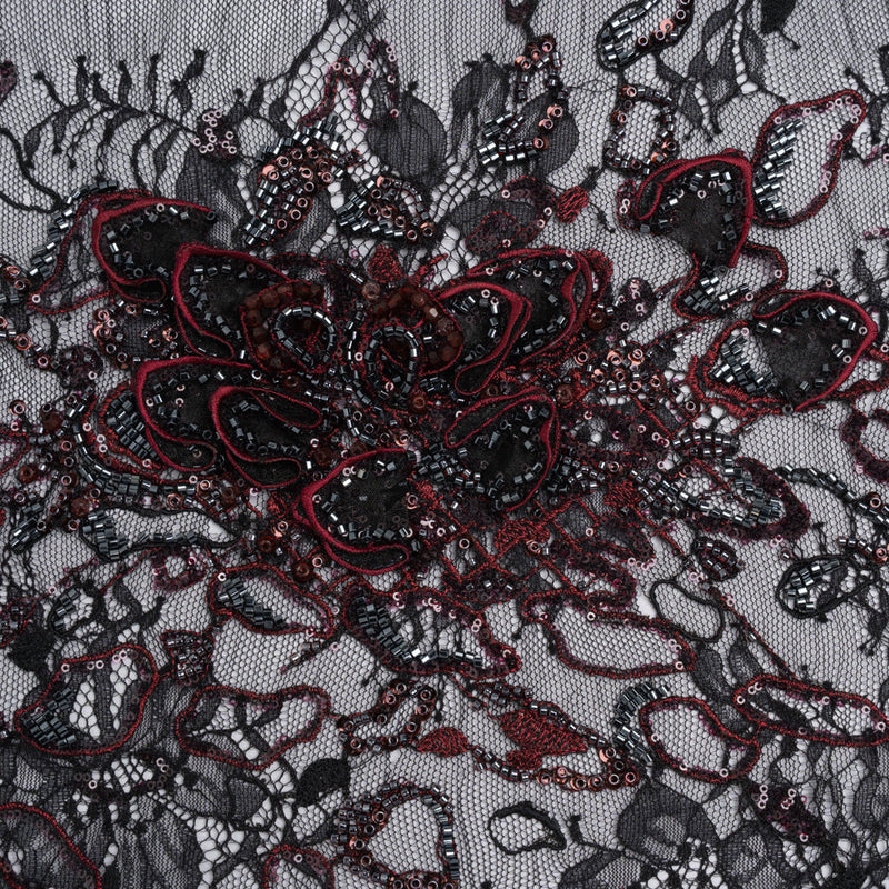Embroidered and Beaded Chantilly Lace with 3D Fabric Flowers - Black and Dark Red Floral