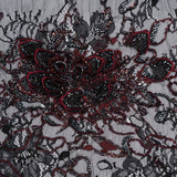 Embroidered and Beaded Chantilly Lace with 3D Fabric Flowers - Black and Dark Red Floral