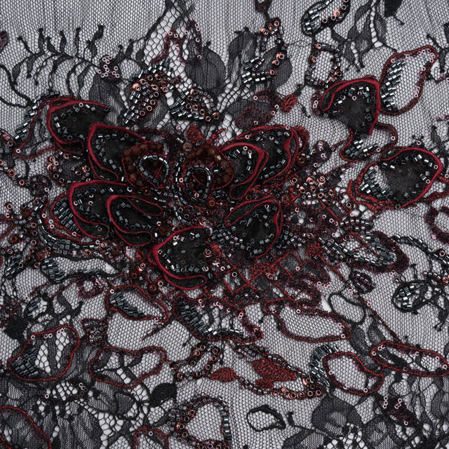 Embroidered and Beaded Chantilly Lace with 3D Fabric Flowers - Black and Dark Red Floral