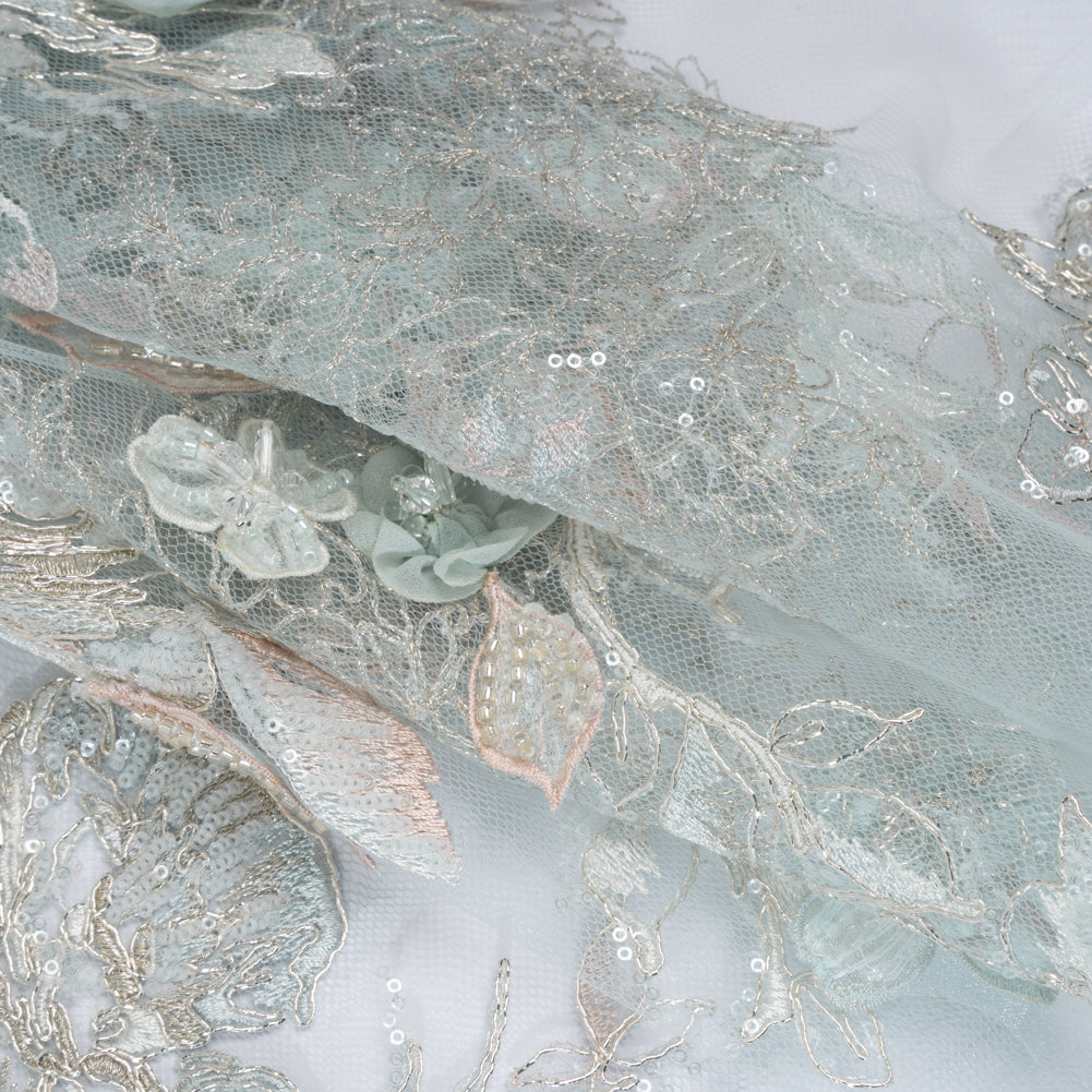 Embroidered and Beaded Tulle Panel with 3D Fabric Flowers - Light Blue, Seafoam and Silver Roses
