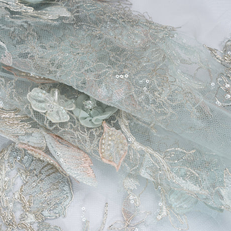 Embroidered and Beaded Tulle Panel with 3D Fabric Flowers - Light Blue, Seafoam and Silver Roses
