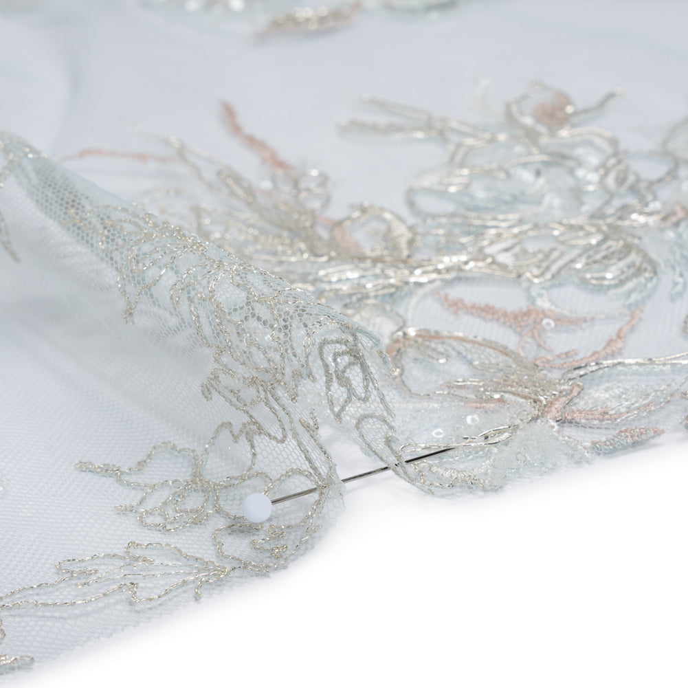Embroidered and Beaded Tulle Panel with 3D Fabric Flowers - Light Blue, Seafoam and Silver Roses