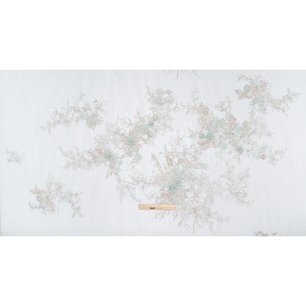 Embroidered and Beaded Tulle Panel with 3D Fabric Flowers - Light Blue, Seafoam and Silver Roses