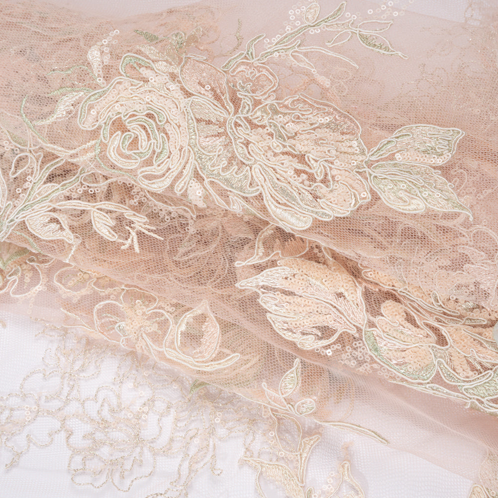 Embroidered and Beaded Tulle Panel with 3D Fabric Flowers - Peach, Light Blue and Silver Roses