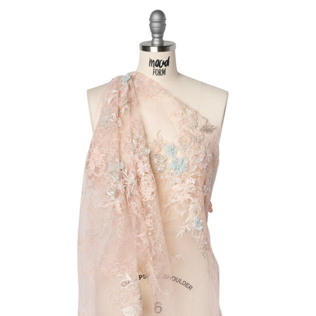 Embroidered and Beaded Tulle Panel with 3D Fabric Flowers - Peach, Light Blue and Silver Roses