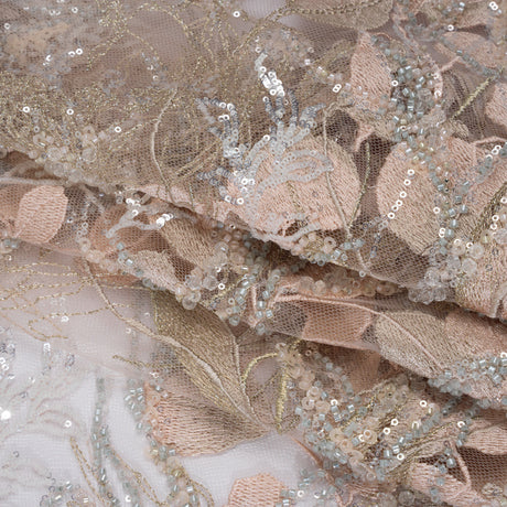 Embroidered and Beaded Tulle with 3D Fabric Flowers - Dark Beige, Pink and Pale Blue Fanciful Leaves and Florals