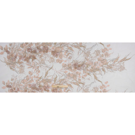 Embroidered and Beaded Tulle with 3D Fabric Flowers - Dark Beige, Pink and Pale Blue Fanciful Leaves and Florals