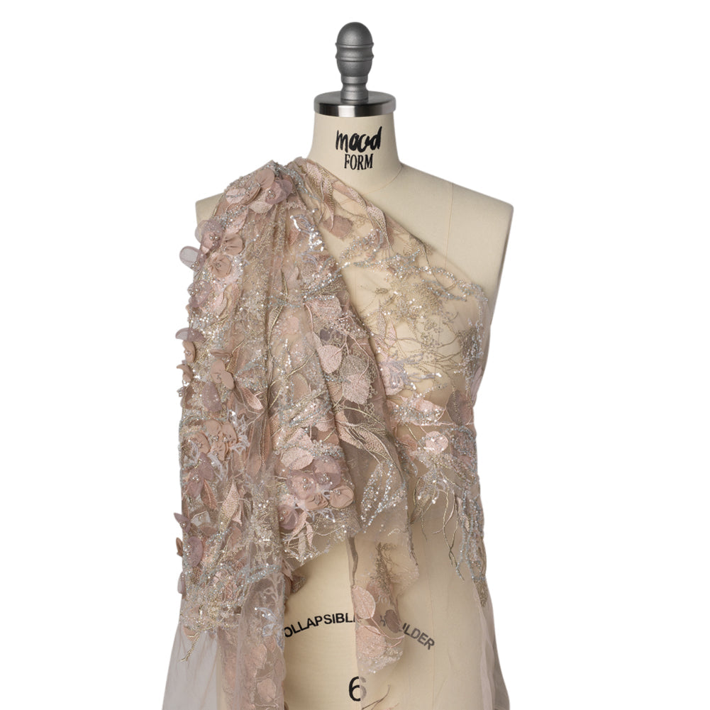 Embroidered and Beaded Tulle with 3D Fabric Flowers - Dark Beige, Pink and Pale Blue Fanciful Leaves and Florals