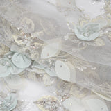 Embroidered and Beaded Tulle with 3D Fabric Flowers - Light Gray, Seafoam and Cream Leafy Arrangements