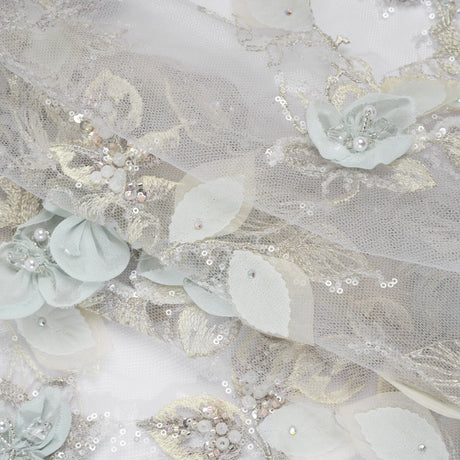 Embroidered and Beaded Tulle with 3D Fabric Flowers - Light Gray, Seafoam and Cream Leafy Arrangements