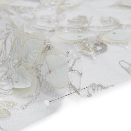 Embroidered and Beaded Tulle with 3D Fabric Flowers - Light Gray, Seafoam and Cream Leafy Arrangements