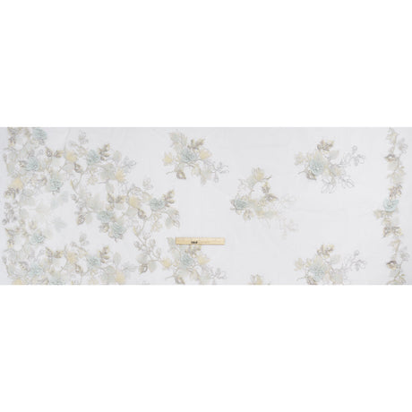 Embroidered and Beaded Tulle with 3D Fabric Flowers - Light Gray, Seafoam and Cream Leafy Arrangements