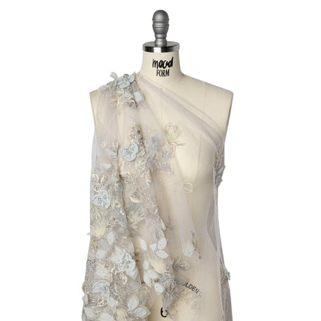 Embroidered and Beaded Tulle with 3D Fabric Flowers - Light Gray, Seafoam and Cream Leafy Arrangements
