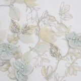 Embroidered and Beaded Tulle with 3D Fabric Flowers - Light Gray, Seafoam and Cream Leafy Arrangements