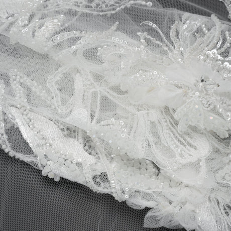Embroidered and Beaded Bridal Tulle with 3D Fabric Flowers - Off White Fancy Florals