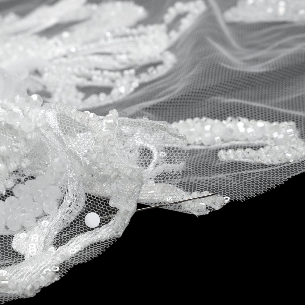 Embroidered and Beaded Bridal Tulle with 3D Fabric Flowers - Off White Fancy Florals