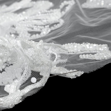 Embroidered and Beaded Bridal Tulle with 3D Fabric Flowers - Off White Fancy Florals