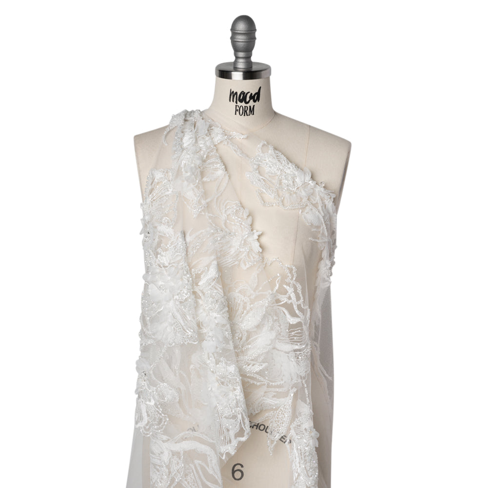 Embroidered and Beaded Bridal Tulle with 3D Fabric Flowers - Off White Fancy Florals