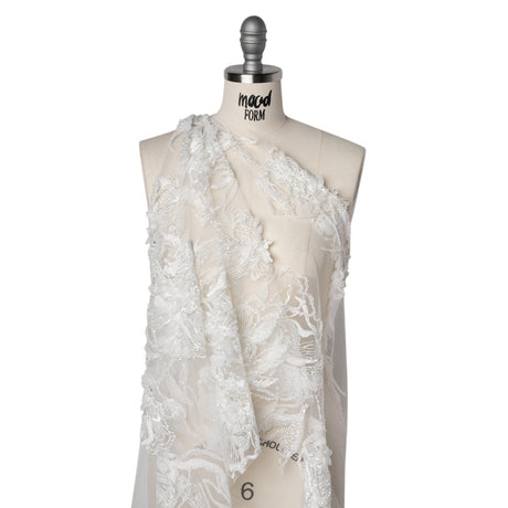 Embroidered and Beaded Bridal Tulle with 3D Fabric Flowers - Off White Fancy Florals