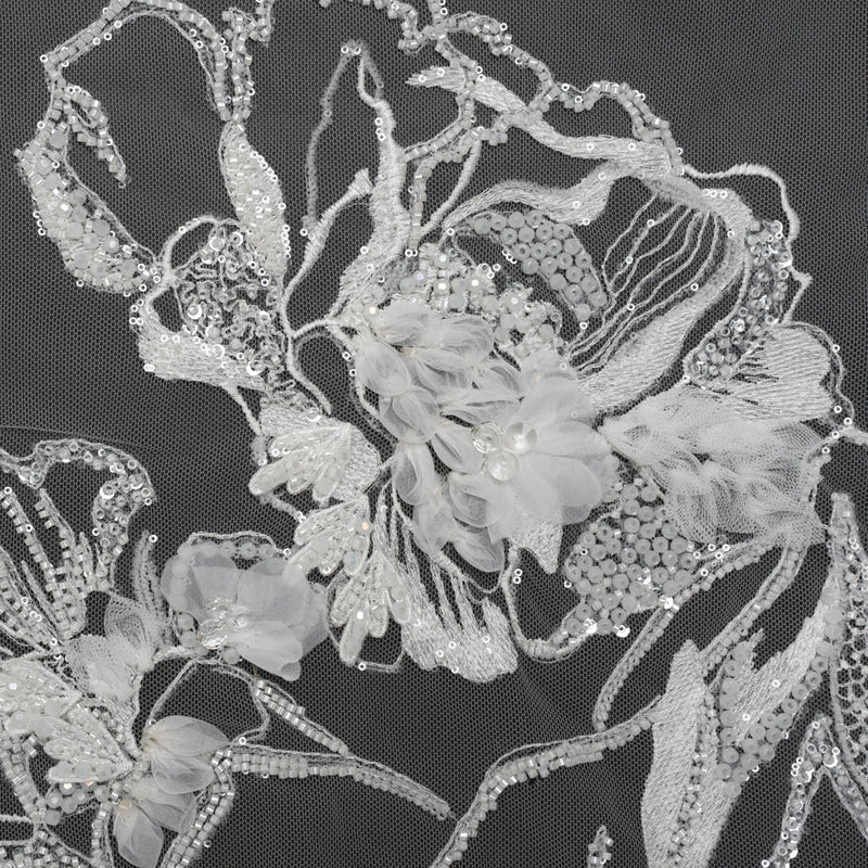 Embroidered and Beaded Bridal Tulle with 3D Fabric Flowers - Off White Fancy Florals