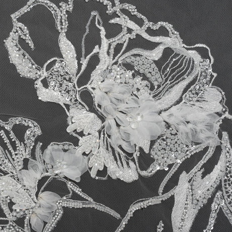 Embroidered and Beaded Bridal Tulle with 3D Fabric Flowers - Off White Fancy Florals