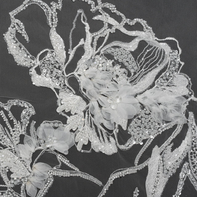 Embroidered and Beaded Bridal Tulle with 3D Fabric Flowers - Off White Fancy Florals
