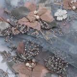 Embroidered and Beaded Bridal Tulle with 3D Velvet and Chiffon Fabric Flowers - Blue and Mauve Elegant Floral Arrangements