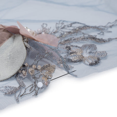 Embroidered and Beaded Bridal Tulle with 3D Velvet and Chiffon Fabric Flowers - Blue and Mauve Elegant Floral Arrangements