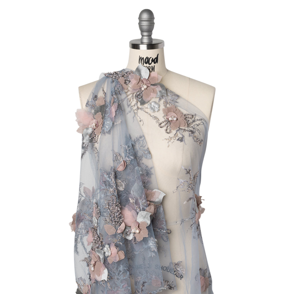 Embroidered and Beaded Bridal Tulle with 3D Velvet and Chiffon Fabric Flowers - Blue and Mauve Elegant Floral Arrangements