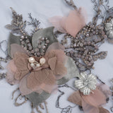 Embroidered and Beaded Bridal Tulle with 3D Velvet and Chiffon Fabric Flowers - Blue and Mauve Elegant Floral Arrangements