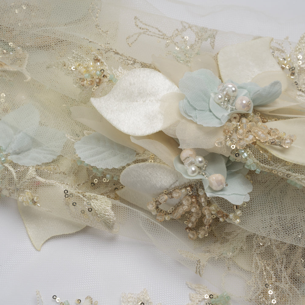Embroidered and Beaded Tulle with 3D Fabric Flowers - Light Lemon, Cream and Pale Blue Floral