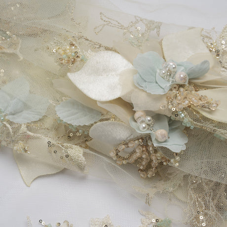Embroidered and Beaded Tulle with 3D Fabric Flowers - Light Lemon, Cream and Pale Blue Floral