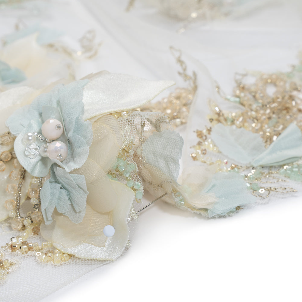 Embroidered and Beaded Tulle with 3D Fabric Flowers - Light Lemon, Cream and Pale Blue Floral