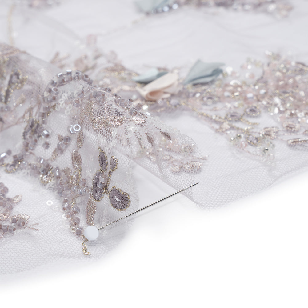 Embroidered and Beaded Tulle with 3D Satin Flowers - Lilac, Cream and Light Blue Floral Sprigs