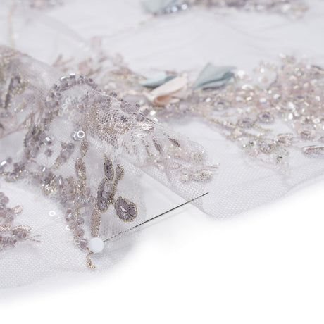 Embroidered and Beaded Tulle with 3D Satin Flowers - Lilac, Cream and Light Blue Floral Sprigs