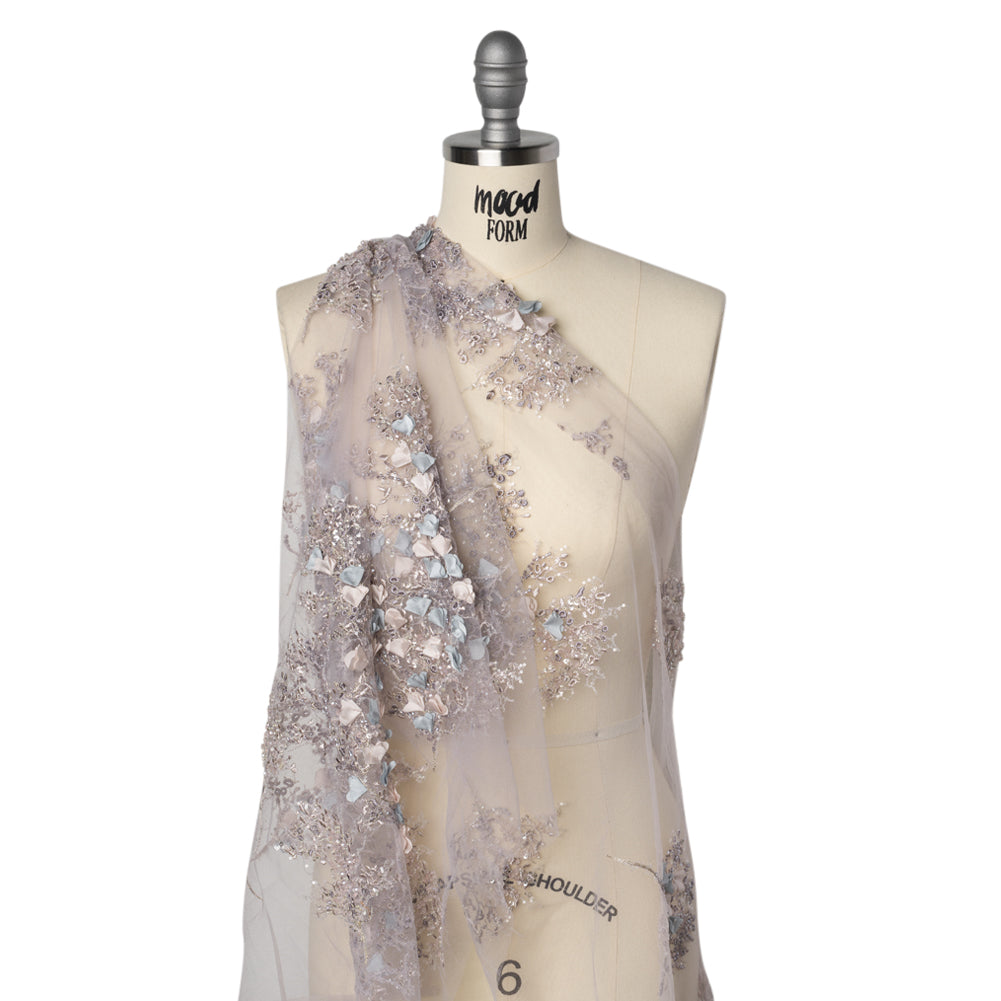 Embroidered and Beaded Tulle with 3D Satin Flowers - Lilac, Cream and Light Blue Floral Sprigs