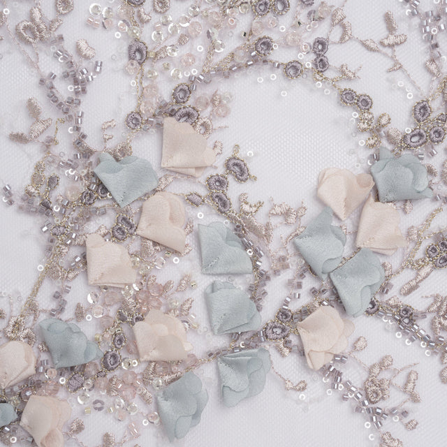 Embroidered and Beaded Tulle with 3D Satin Flowers - Lilac, Cream and Light Blue Floral Sprigs